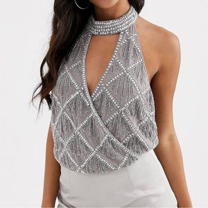 ASOS DESIGN halter neck wrap embellished body in silver